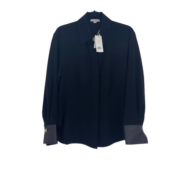 Vince Shaped Leather Accent Sleeve Button Down Woven Shirt Black Size M NWT